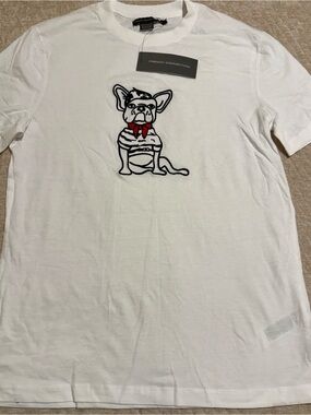 French Connection White Tee with Black Dog Outline and Red Accent